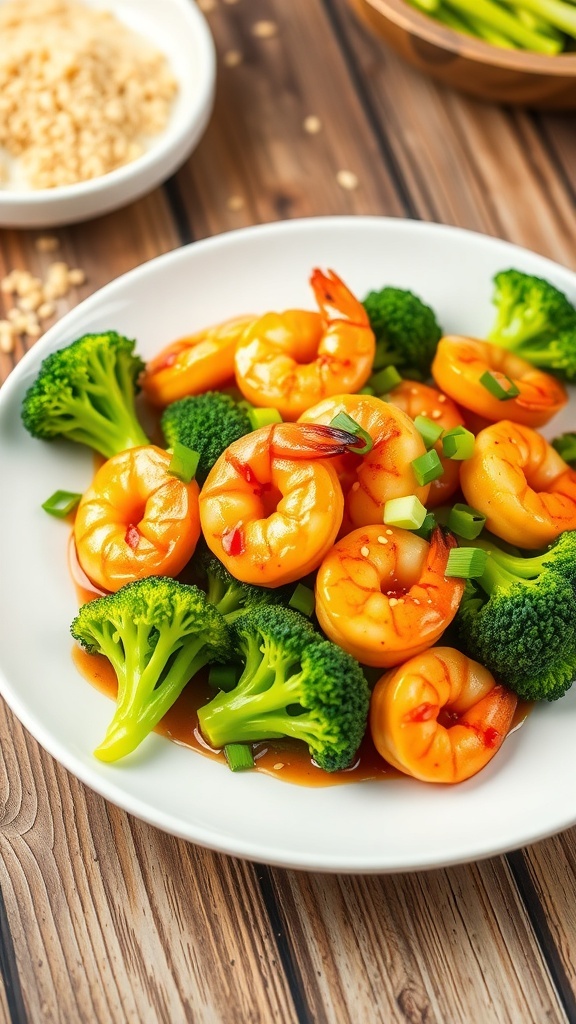 Honey Garlic Shrimp and Broccoli Air Fryer Recipe Honey garlic shrimp and broccoli served on a plate, garnished with sesame seeds and green onions.